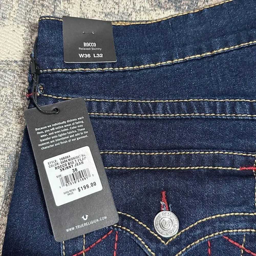 True Religion Men Jeans Blue ROCCO Big T Flap Relaxed Skinny $199 size 34 36 NEW
